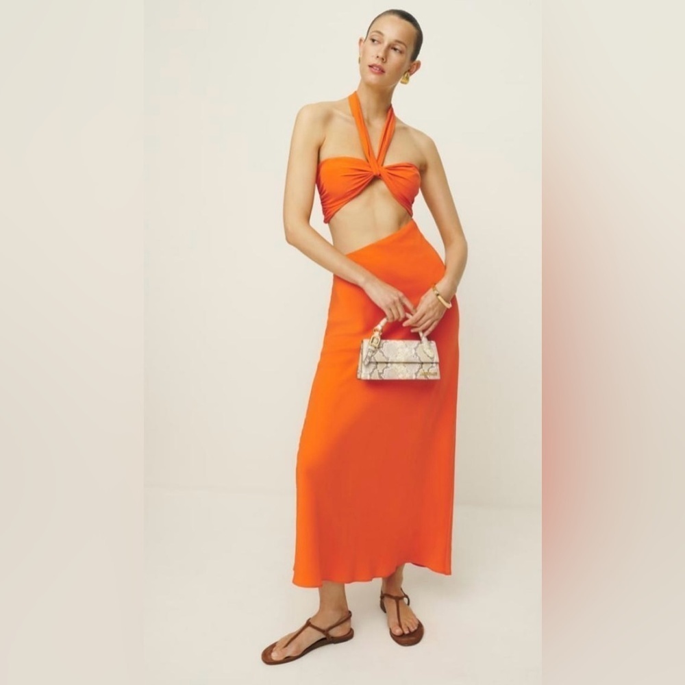 Reformation Vivi Maxi Silk Cut Out Dress in Citrus Orange Womens Size 4